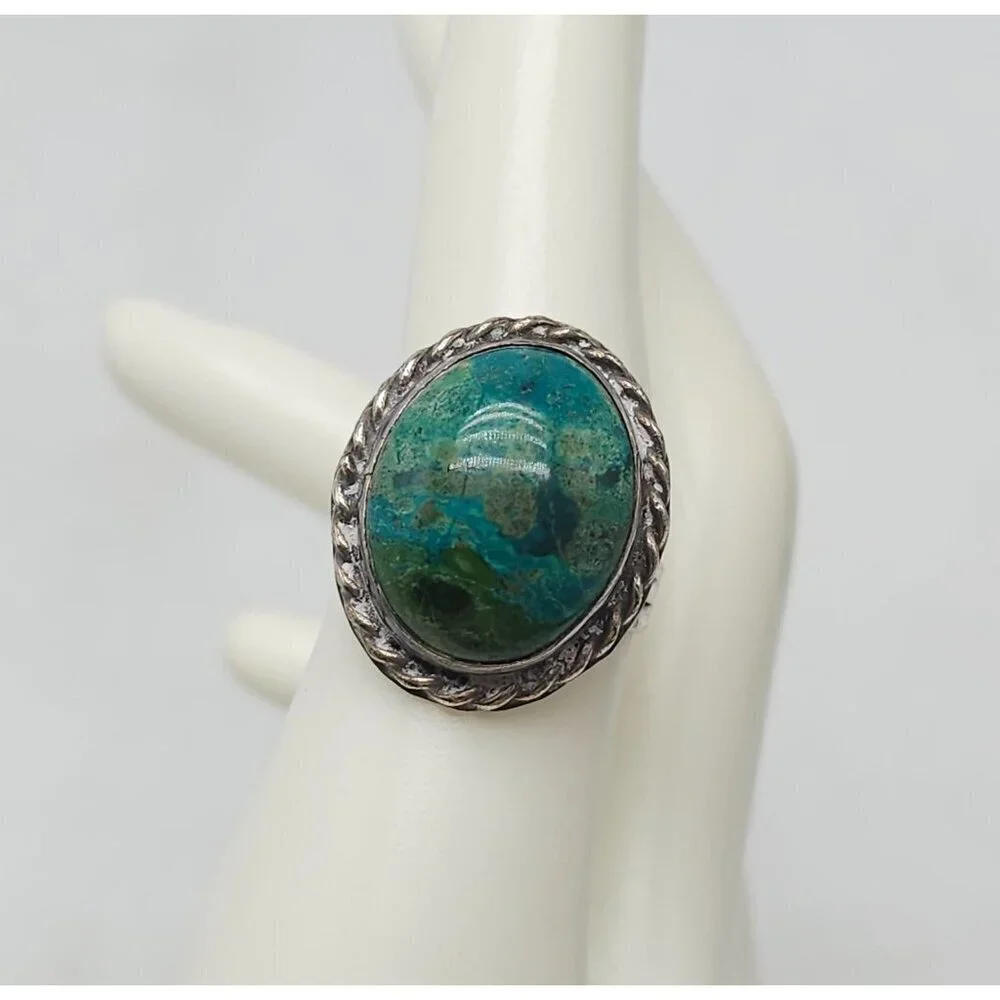 Vintage Navajo Sterling Silver Azurite Ring Size 7.5 With Rope-Edge Design